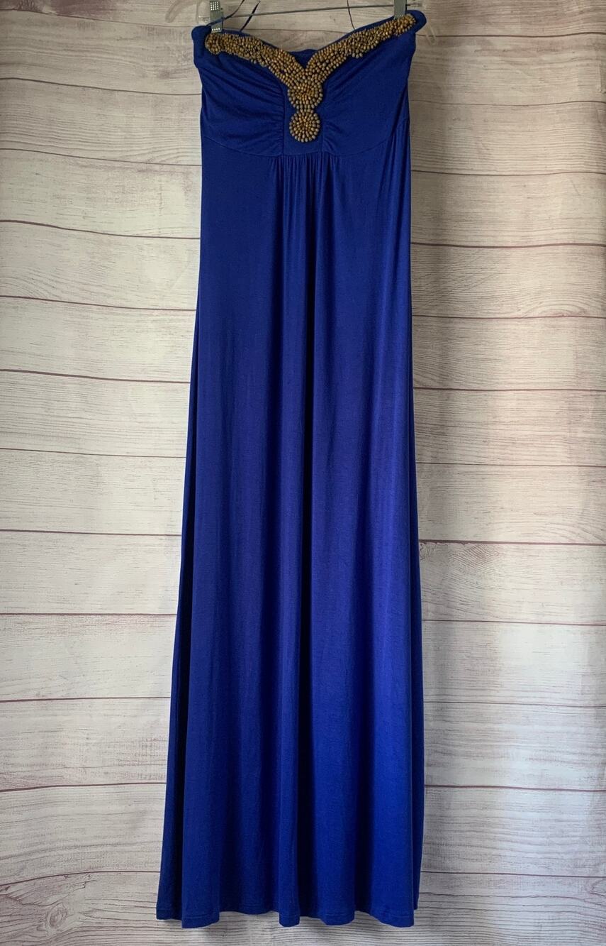 Design History Royal Blue Strapless Maxi Dress Wood Beaded Neckline Size Missy M